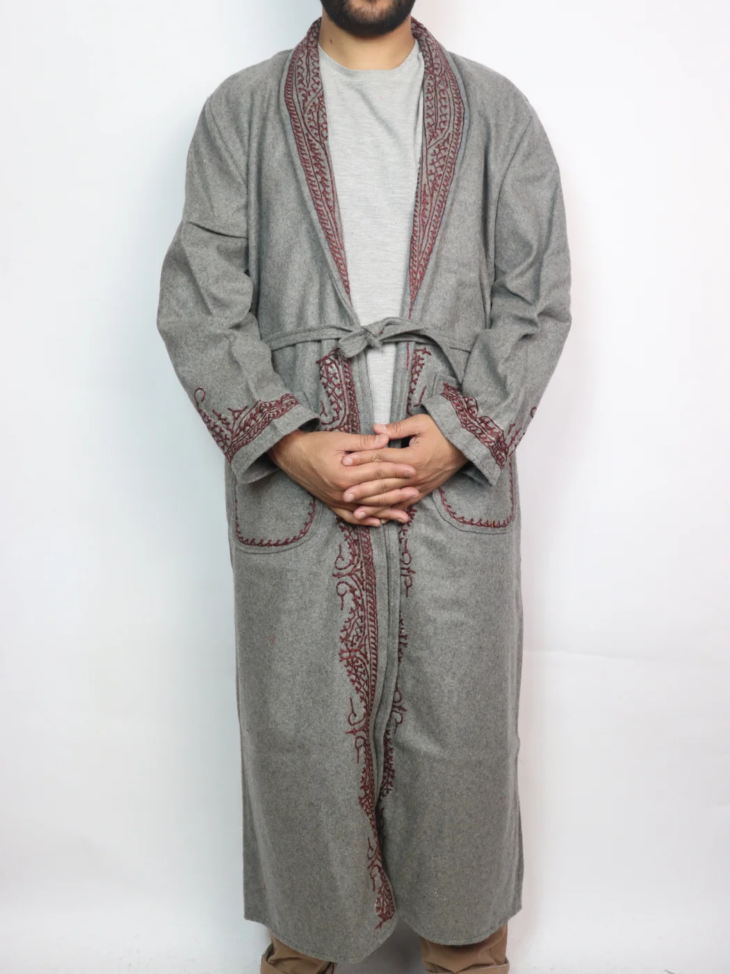 Kashmiri Tweed Grey Gown for Men With Hand Aari Work Gulmarg