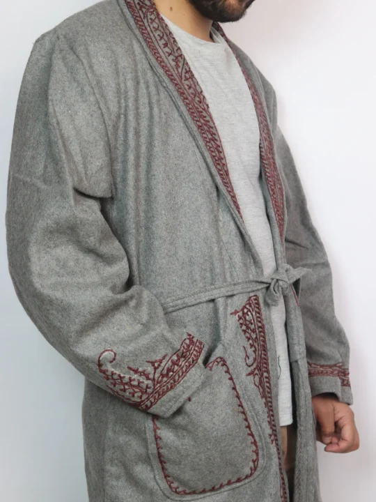 Kashmiri Tweed Grey Gown for Men With Hand Aari Work Gulmarg - Image 2