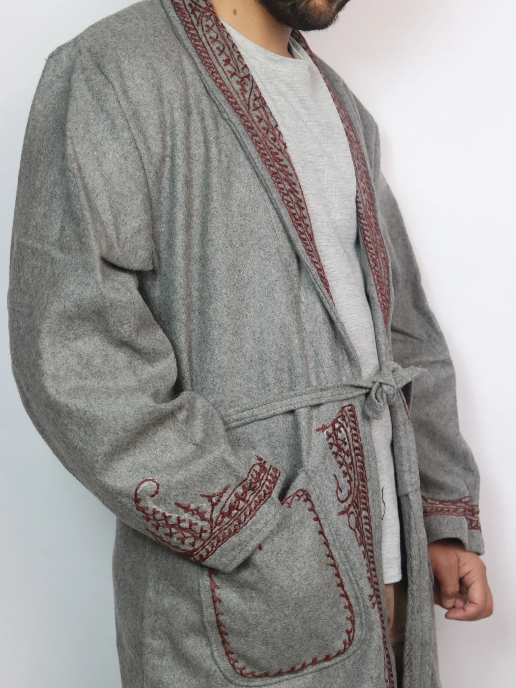 Kashmiri Tweed Grey Gown for Men With Hand Aari Work Gulmarg - Image 2