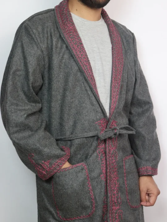 Kashmiri Sahib Grey Tweed Gown for Men with Aari Embroidery - Image 2