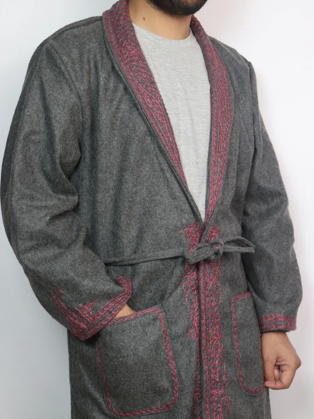 Kashmiri Sahib Grey Tweed Gown for Men with Aari Embroidery - Image 2