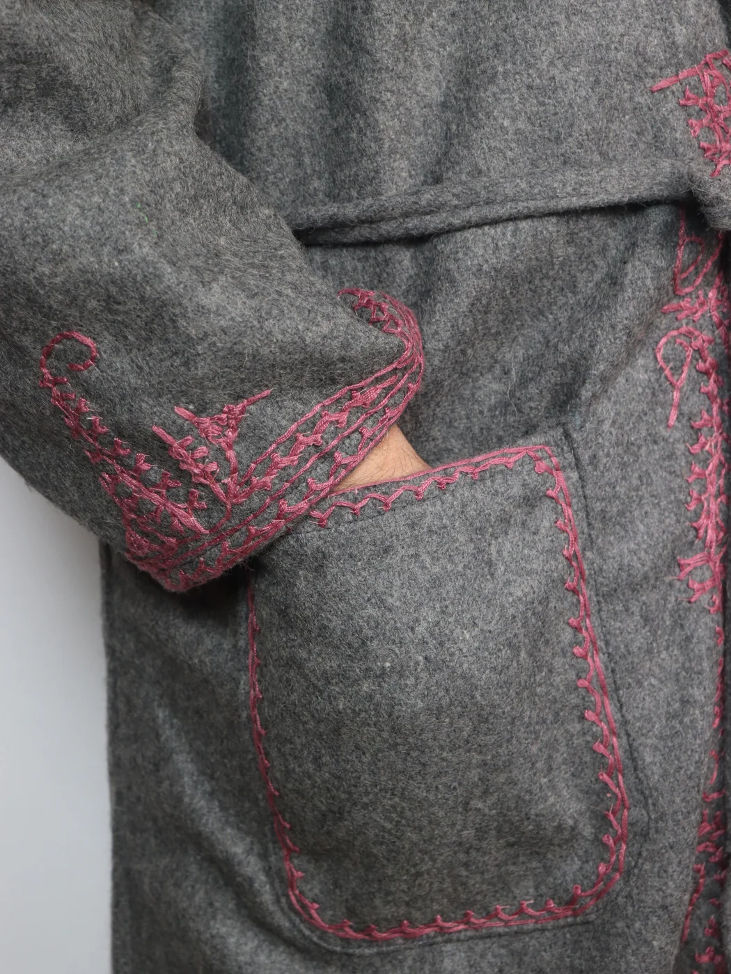 Kashmiri Sahib Grey Tweed Gown for Men with Aari Embroidery - Image 3