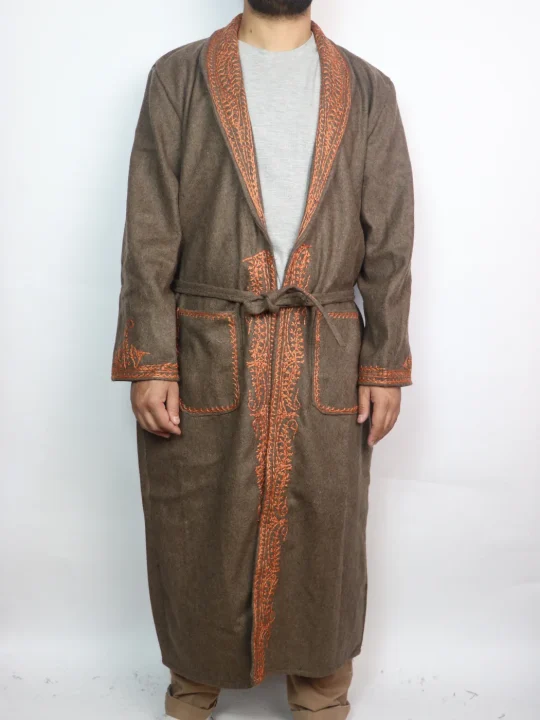 Kashmiri Tweed Brown Gown for Men with Aari Embroidery Nadeem