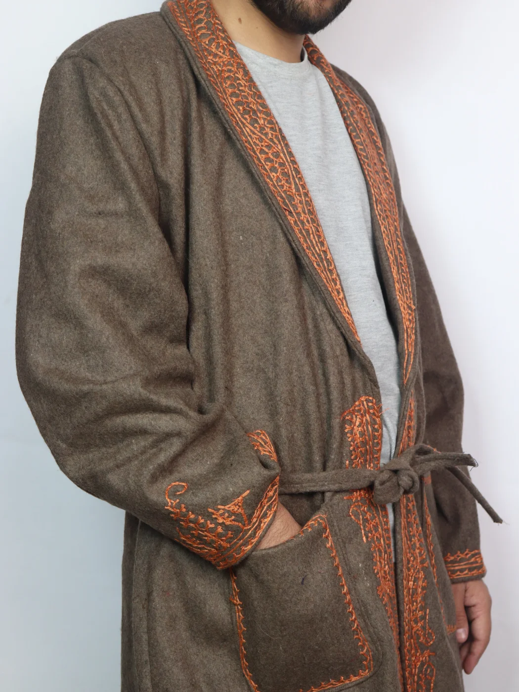 Kashmiri Tweed Brown Gown for Men with Aari Embroidery Nadeem - Image 2