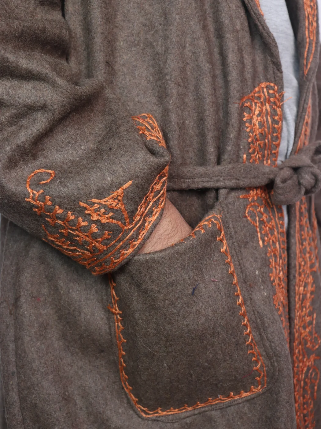 Kashmiri Tweed Brown Gown for Men with Aari Embroidery Nadeem - Image 3