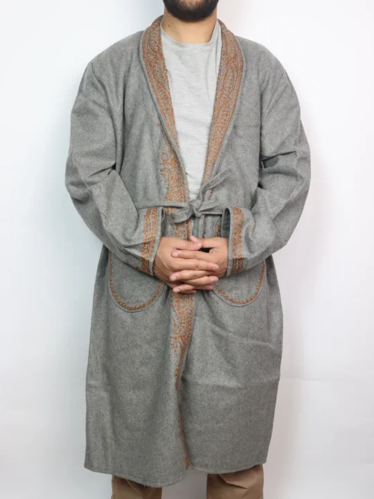 Gulzara Kashmiri Gown In Grey Tweed for Men with Aari Work