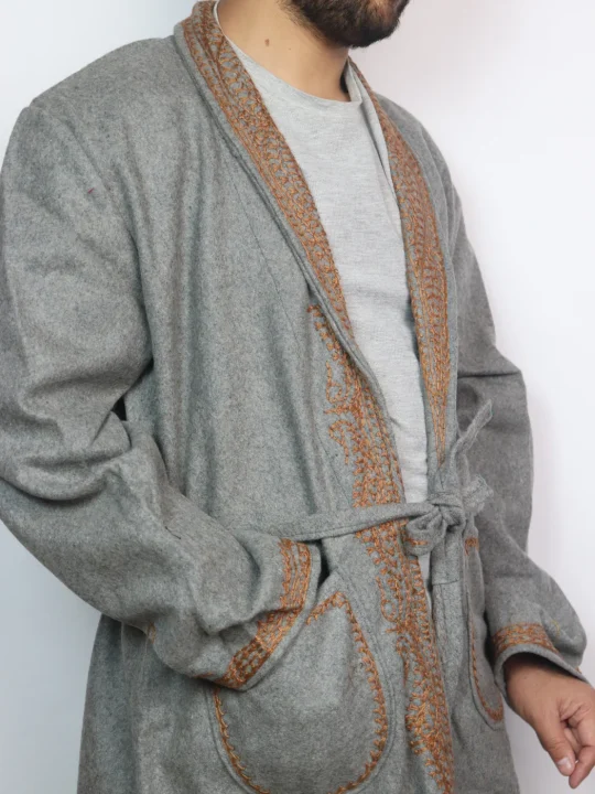 Gulzara Kashmiri Gown In Grey Tweed for Men with Aari Work - Image 2