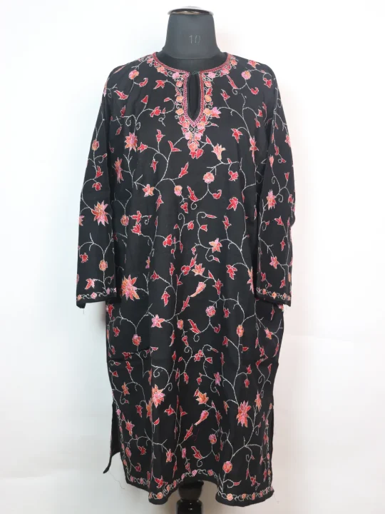 Black Kashmiri Pheran In Raffal Wool With Hand Sozni And Paper Mache Style Jaal Work | Tahira