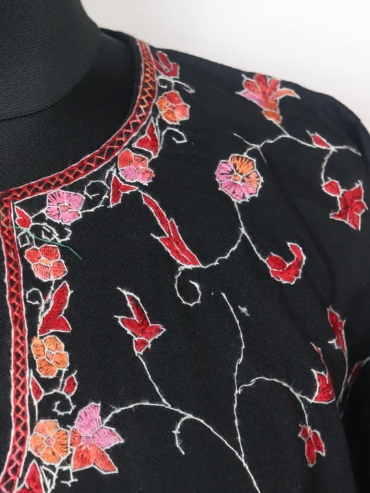 Black Kashmiri Pheran In Raffal Wool With Hand Sozni And Paper Mache Style Jaal Work | Tahira - Image 3