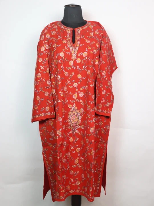 Shabana Kashmiri Pheran In Raffal Wool With Hand Sozni And Paper Mache Style Jaal Work | Orange