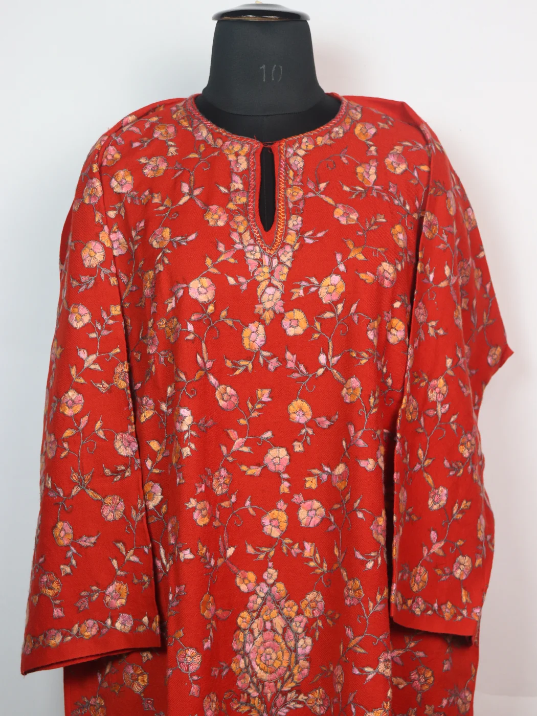 Shabana Kashmiri Pheran In Raffal Wool With Hand Sozni And Paper Mache Style Jaal Work | Orange - Image 2