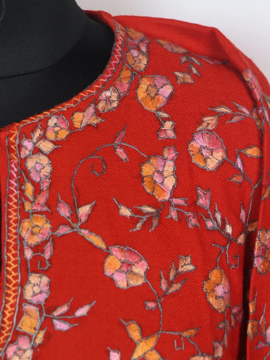 Shabana Kashmiri Pheran In Raffal Wool With Hand Sozni And Paper Mache Style Jaal Work | Orange - Image 3