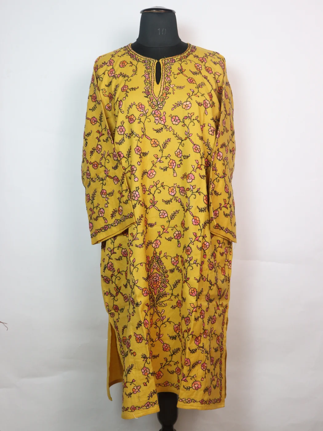 Sumbul Kashmiri Pheran In Raffal Wool With Hand Sozni And Paper Mache Style Jaal Work | Yellow
