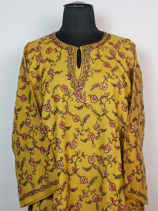 Sumbul Kashmiri Pheran In Raffal Wool With Hand Sozni And Paper Mache Style Jaal Work | Yellow - Image 2