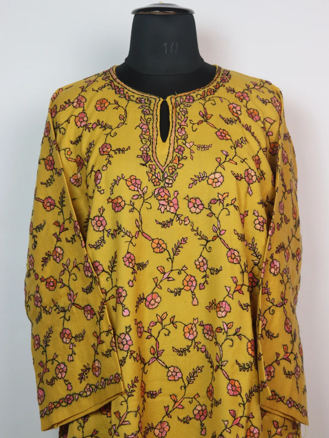 Sumbul Kashmiri Pheran In Raffal Wool With Hand Sozni And Paper Mache Style Jaal Work | Yellow - Image 2