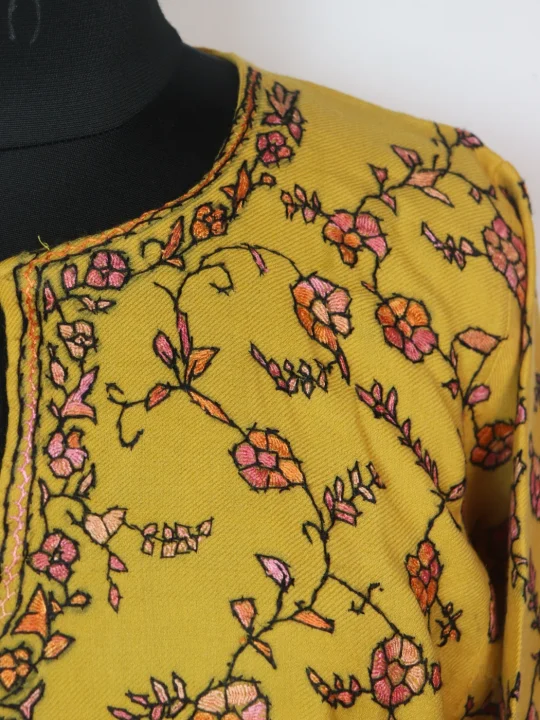 Sumbul Kashmiri Pheran In Raffal Wool With Hand Sozni And Paper Mache Style Jaal Work | Yellow - Image 3