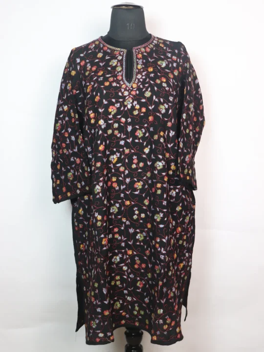 Farzana Kashmiri Pheran In Raffal Wool With Hand Sozni And Paper Mache Style Jaal Work | Black