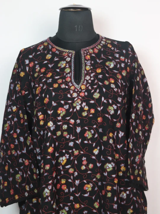 Farzana Kashmiri Pheran In Raffal Wool With Hand Sozni And Paper Mache Style Jaal Work | Black - Image 2