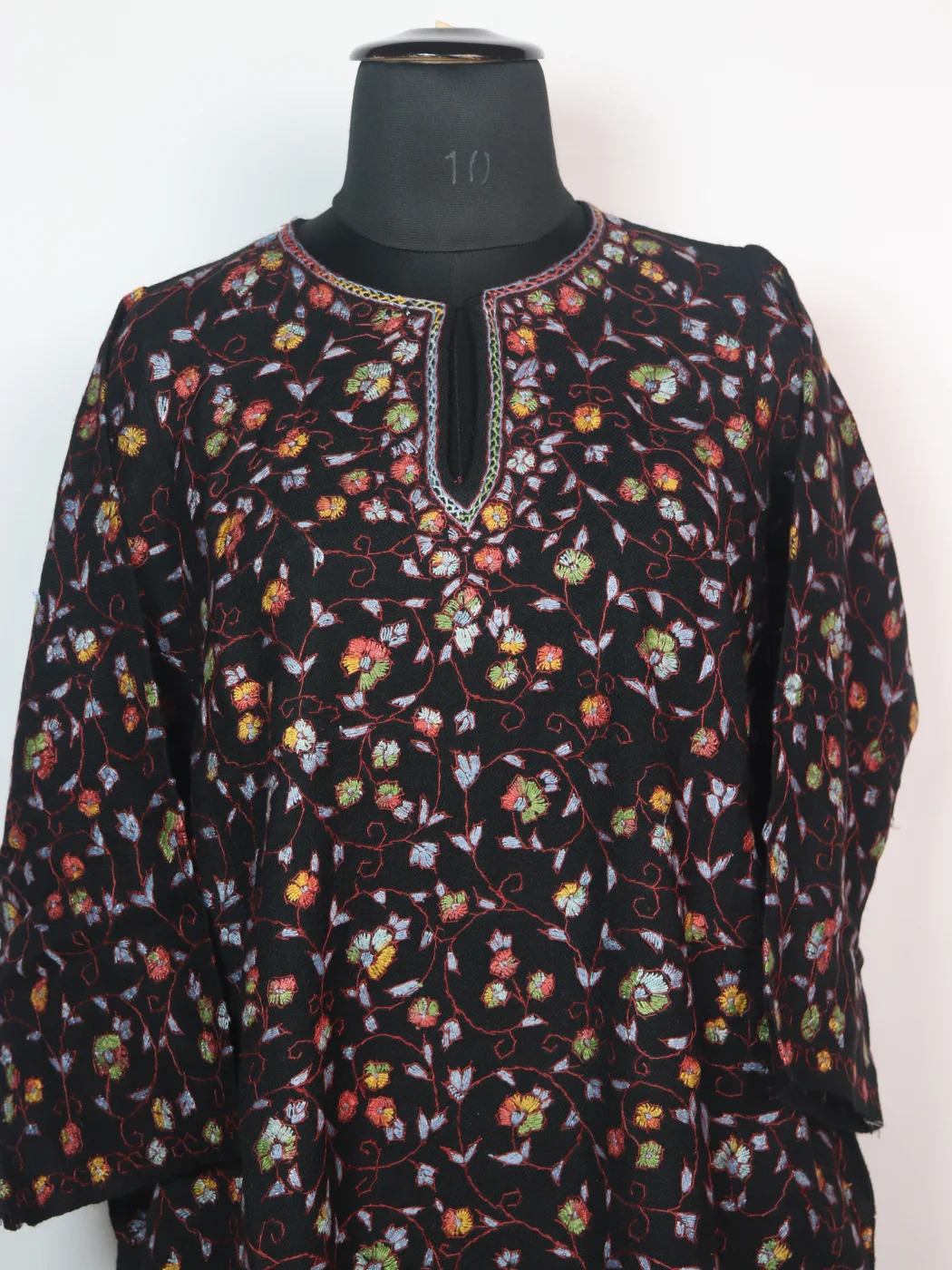 Farzana Kashmiri Pheran In Raffal Wool With Hand Sozni And Paper Mache Style Jaal Work | Black - Image 2