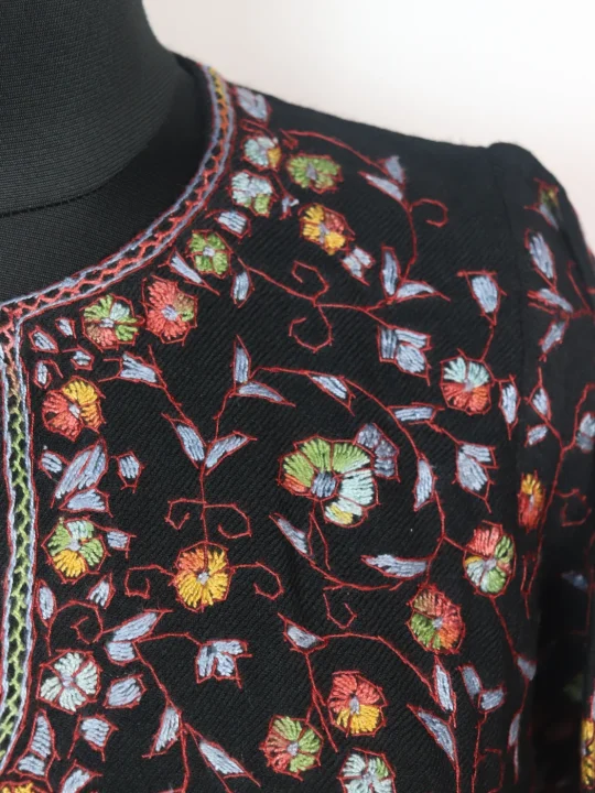 Farzana Kashmiri Pheran In Raffal Wool With Hand Sozni And Paper Mache Style Jaal Work | Black - Image 3
