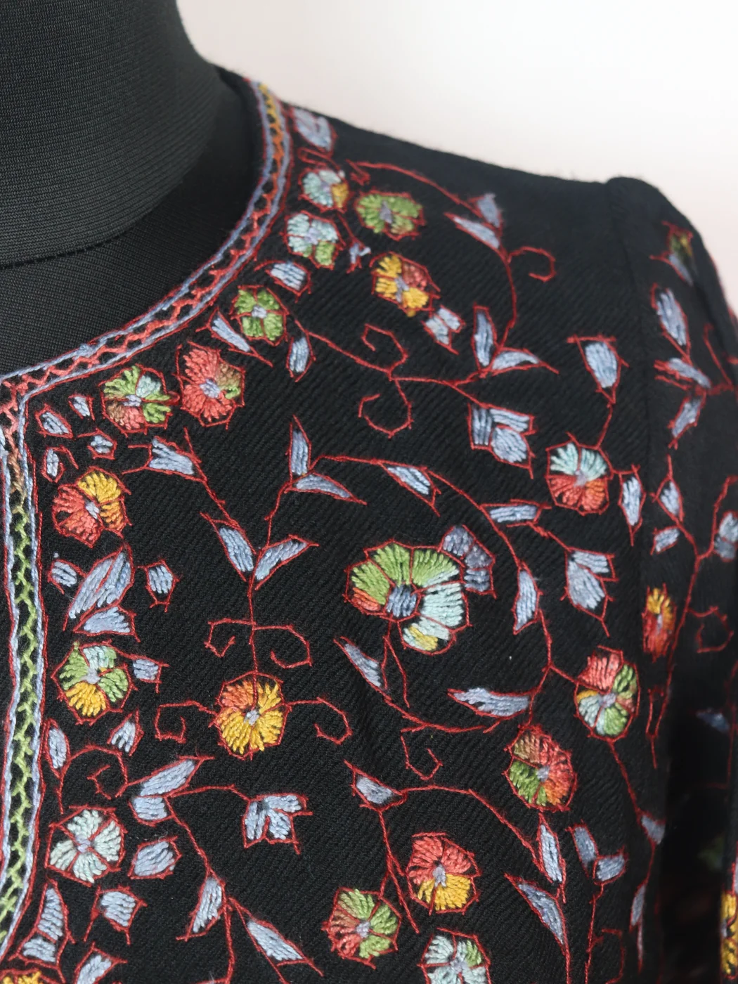 Farzana Kashmiri Pheran In Raffal Wool With Hand Sozni And Paper Mache Style Jaal Work | Black - Image 3