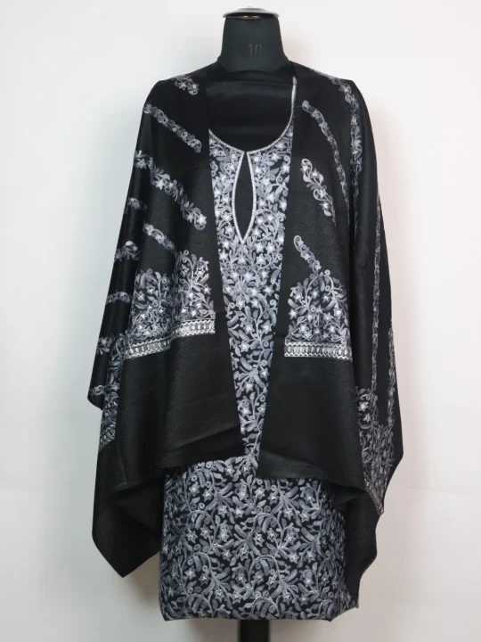 Black Kashmiri Woolen Suit In Aari And Zari Jaal Work With Dupatta 3Pc | Suhana