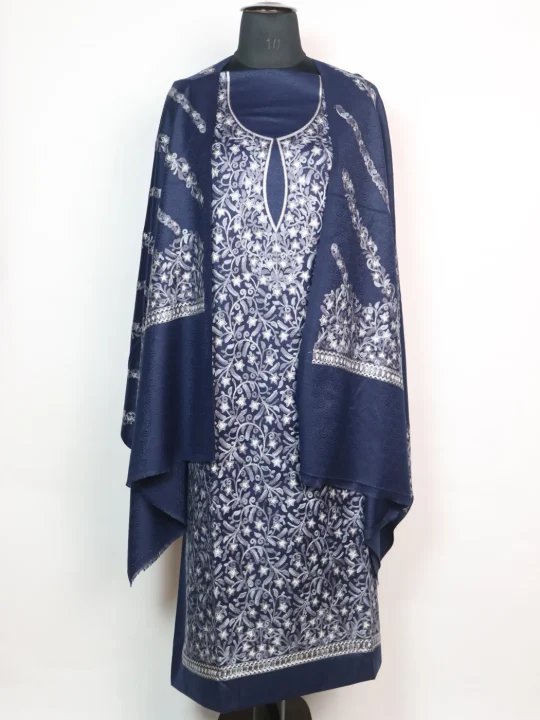 Sadaf  Kashmiri Woolen Suit In Aari And Zari Jaal Work With Dupatta 3Pc | Navy Blue