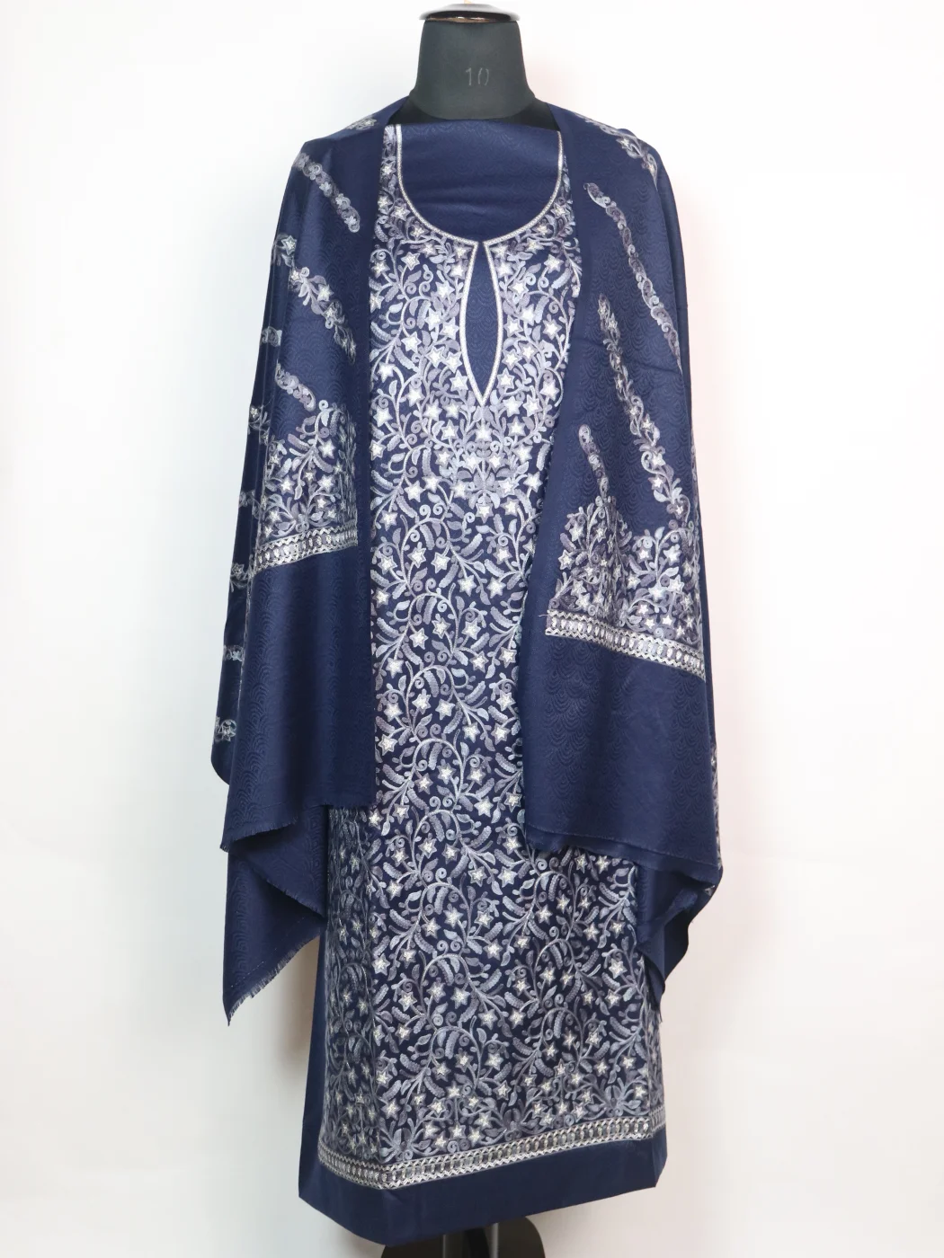 Sadaf Kashmiri Woolen Suit In Aari And Zari Jaal Work With Dupatta 3Pc | Navy Blue