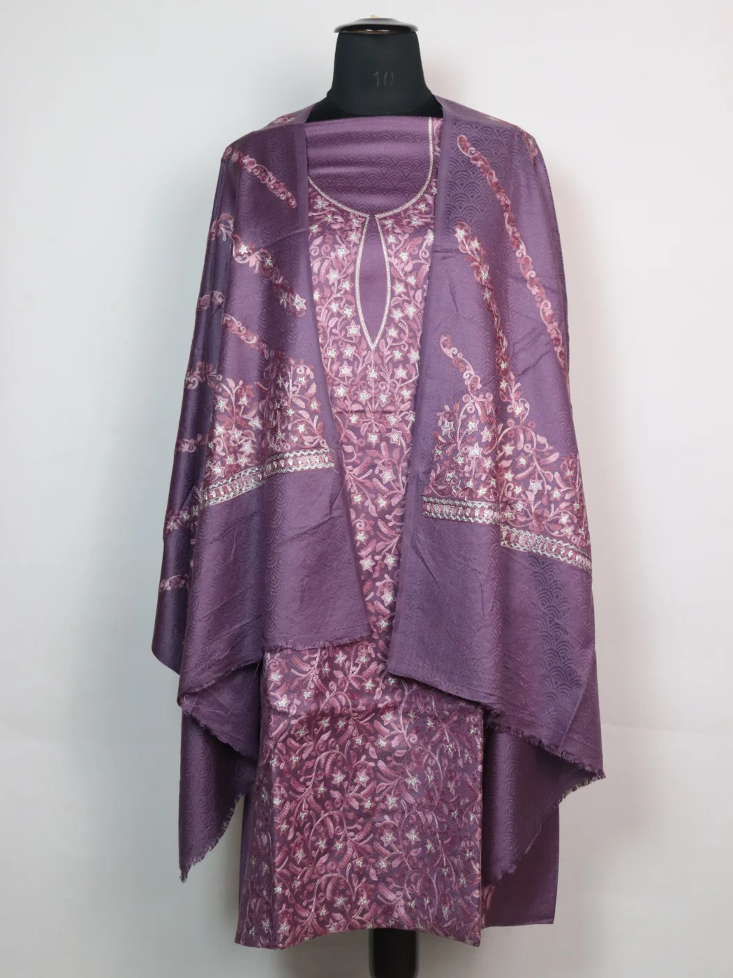 Rafiya Kashmiri Woolen Suit In Aari And Zari Jaal Work With Dupatta 3Pc | Purple