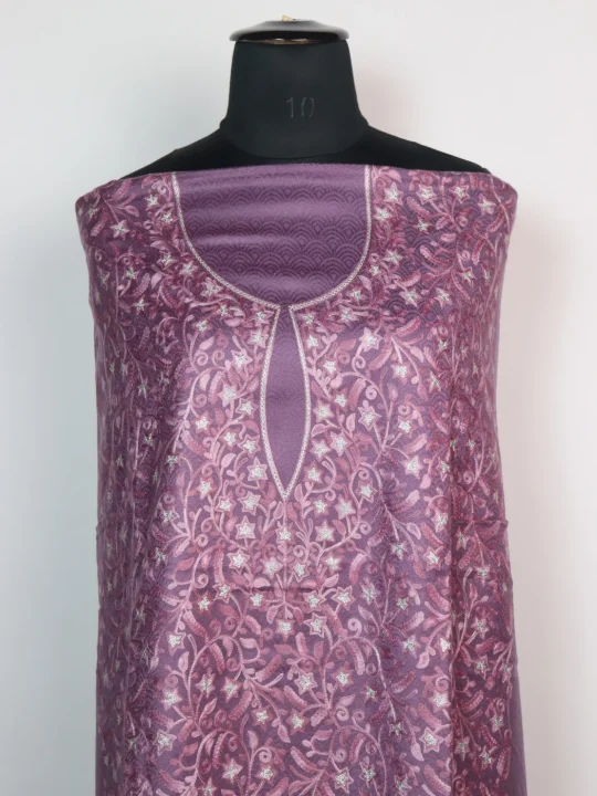 Rafiya Kashmiri Woolen Suit In Aari And Zari Jaal Work With Dupatta 3Pc | Purple - Image 2