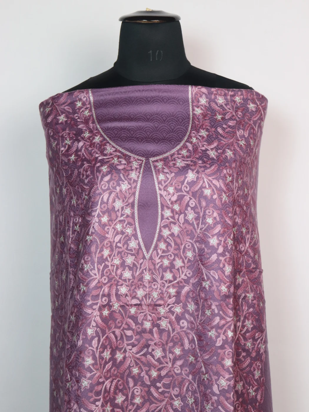 Rafiya Kashmiri Woolen Suit In Aari And Zari Jaal Work With Dupatta 3Pc | Purple - Image 2
