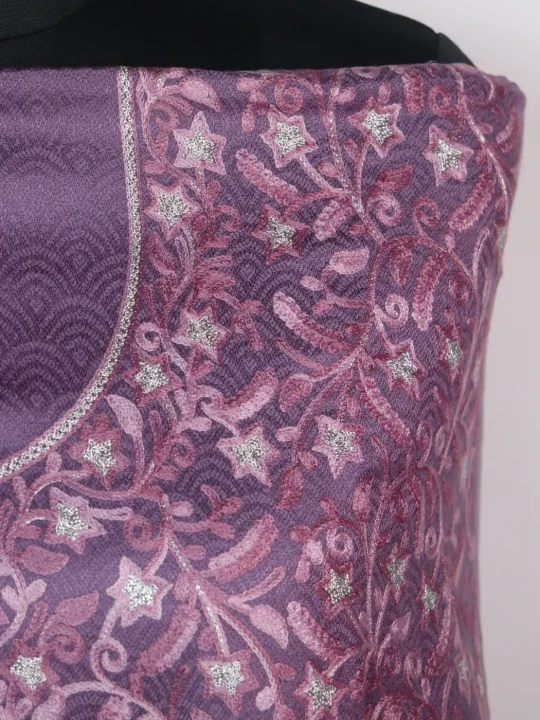 Rafiya Kashmiri Woolen Suit In Aari And Zari Jaal Work With Dupatta 3Pc | Purple - Image 3