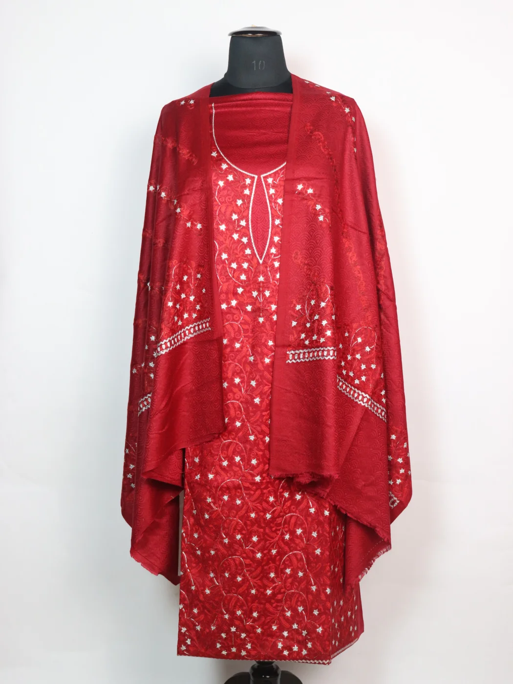 Red Kashmiri Woolen Suit In Aari And Zari Jaal Work With Dupatta 3Pc | Nighat
