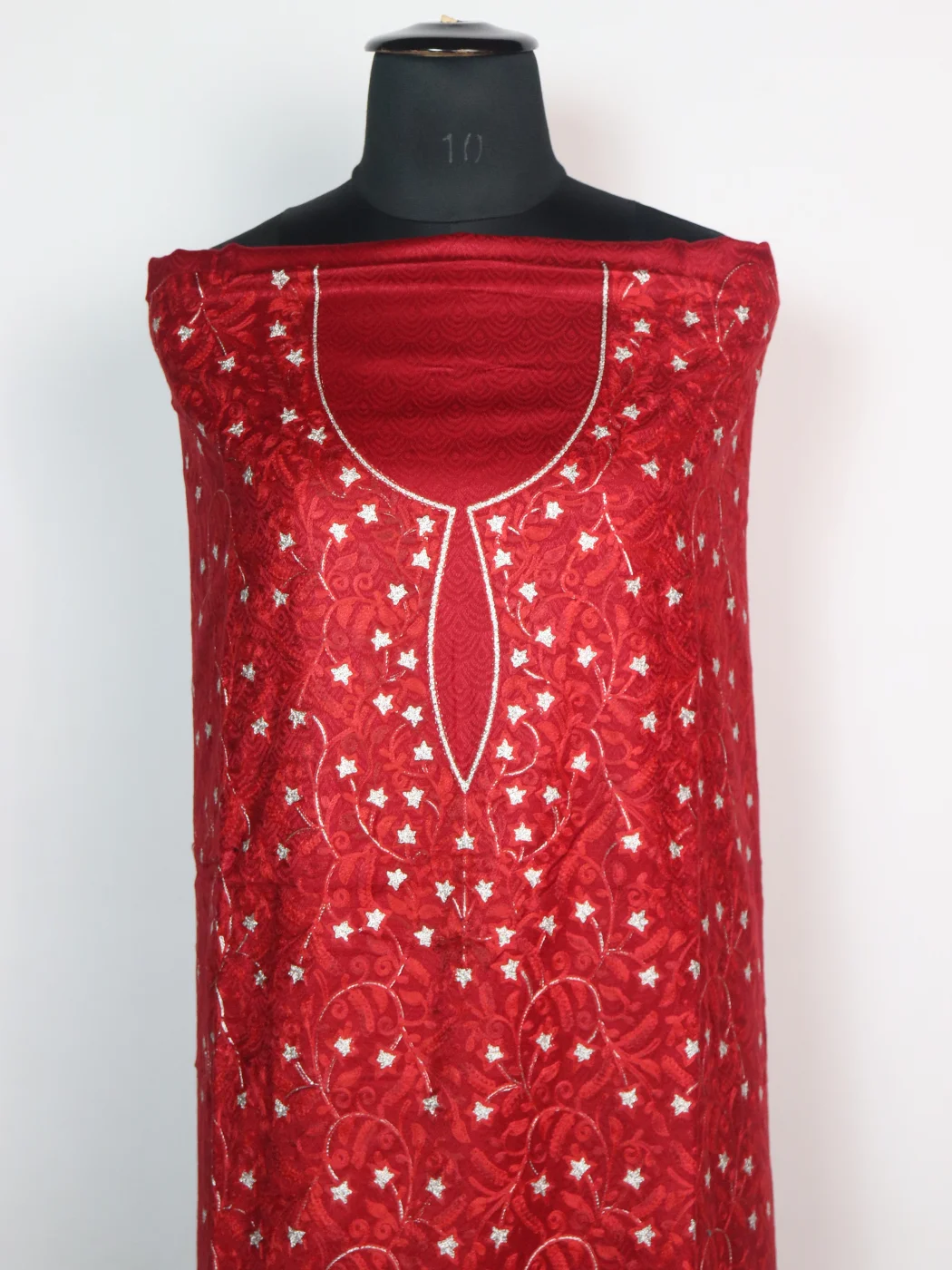Red Kashmiri Woolen Suit In Aari And Zari Jaal Work With Dupatta 3Pc | Nighat - Image 2