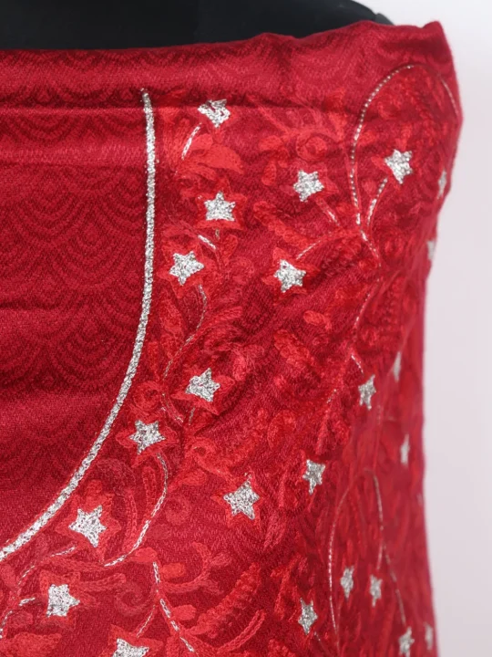 Red Kashmiri Woolen Suit In Aari And Zari Jaal Work With Dupatta 3Pc | Nighat - Image 3