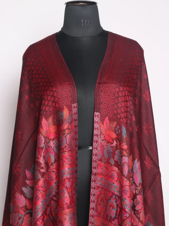 Maroon Kashmiri Kani Work Fine Wool Stole | Khayal - Image 2