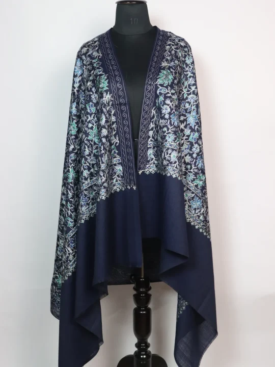 Laraib Kashmiri Shawl with Nalki Aari Work for Women in Polywool | Navy Blue