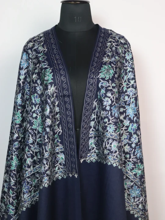 Laraib Kashmiri Shawl with Nalki Aari Work for Women in Polywool | Navy Blue - Image 2