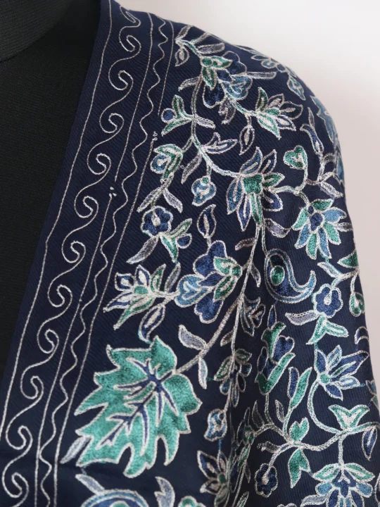 Laraib Kashmiri Shawl with Nalki Aari Work for Women in Polywool | Navy Blue - Image 3