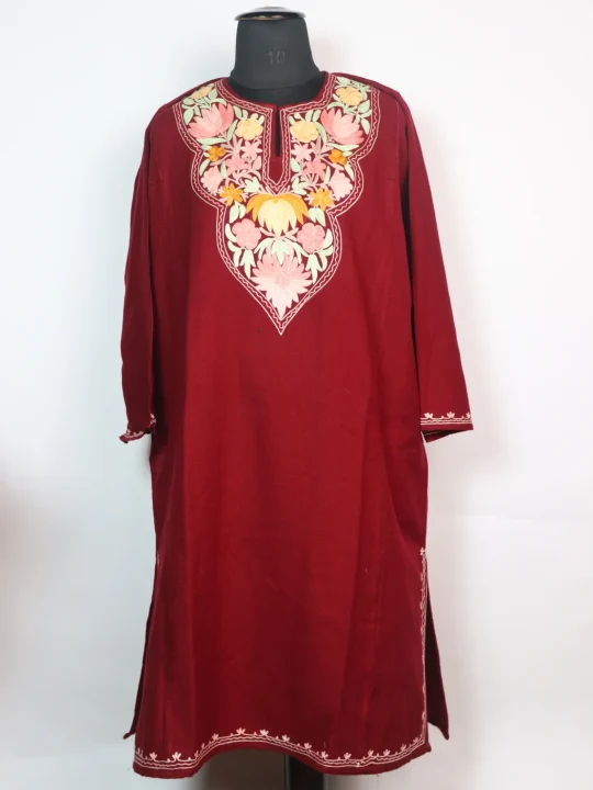 Maroon Kashmiri Pheran In Cashmilon wool With Aari Embroidery | Nafeesa