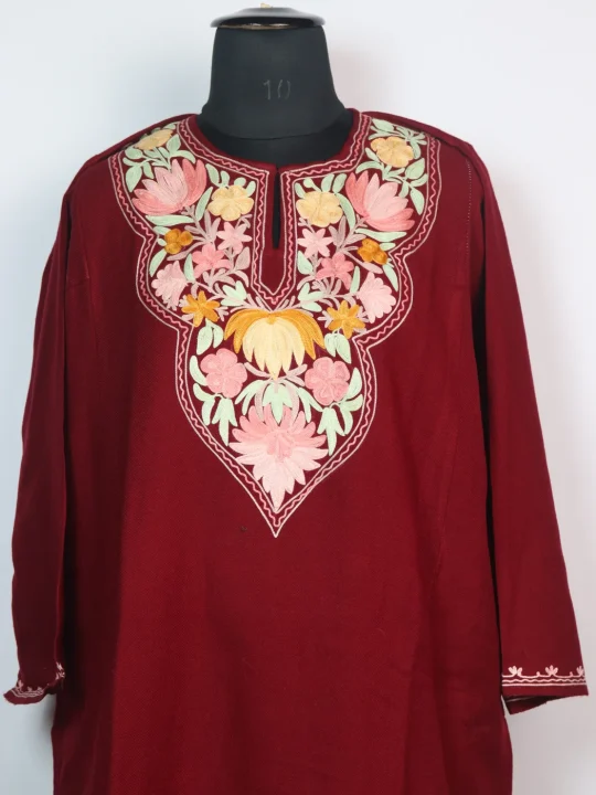 Maroon Kashmiri Pheran In Cashmilon wool With Aari Embroidery | Nafeesa - Image 2
