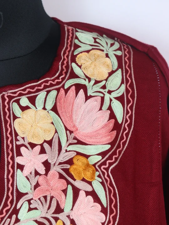 Maroon Kashmiri Pheran In Cashmilon wool With Aari Embroidery | Nafeesa - Image 3
