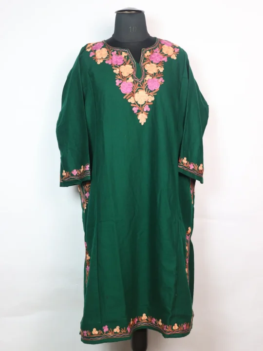 Insha Kashmiri Pheran In Cashmilon wool With Aari Embroidery | Green