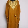 Mustard Kashmiri Pheran In Raffal Wool With Aari Embroidery | Mahroosh