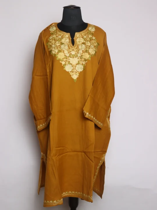 Mustard Kashmiri Pheran In Raffal Wool With Aari Embroidery | Mahroosh