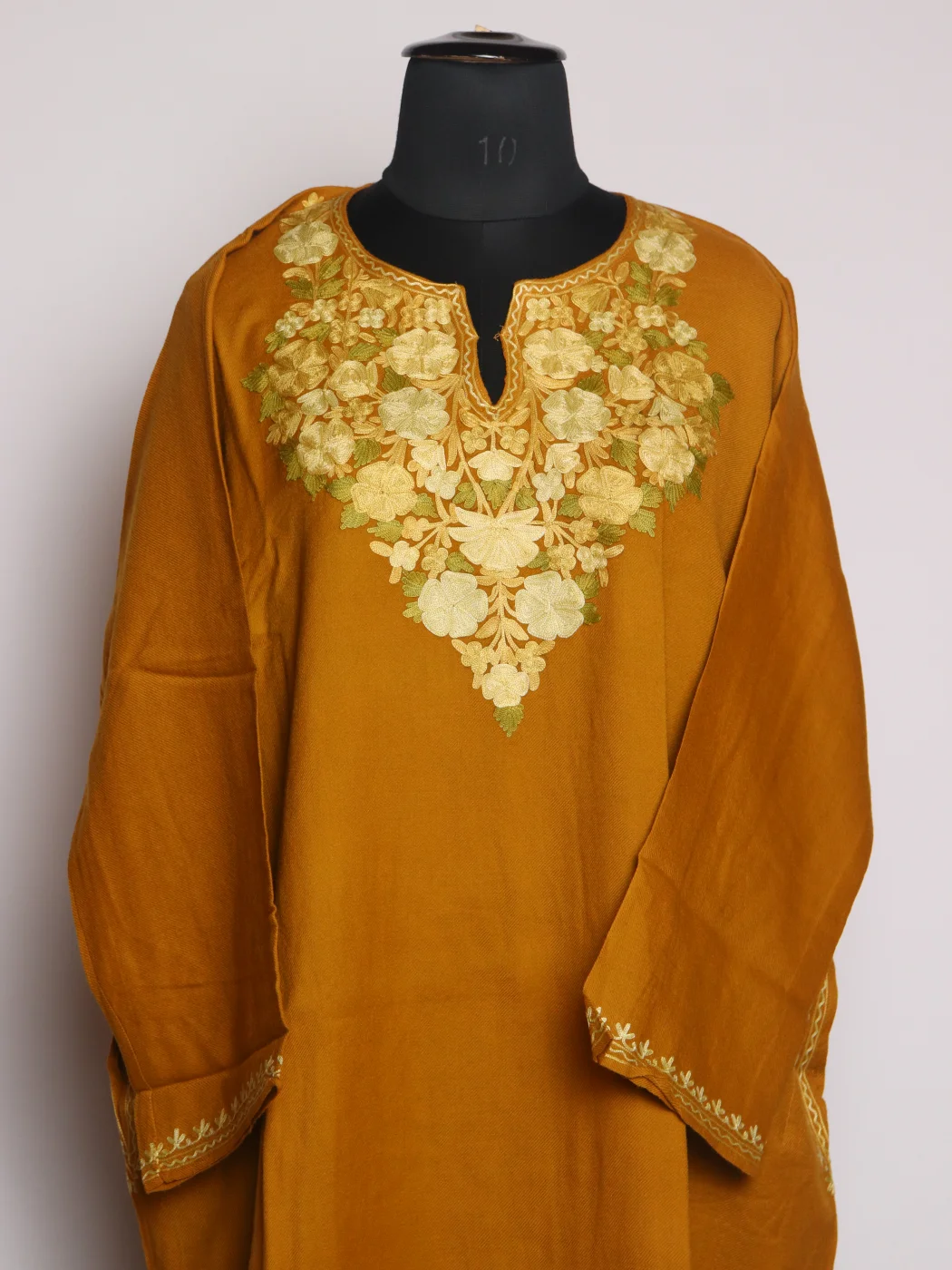 Mustard Kashmiri Pheran In Raffal Wool With Aari Embroidery | Mahroosh - Image 2