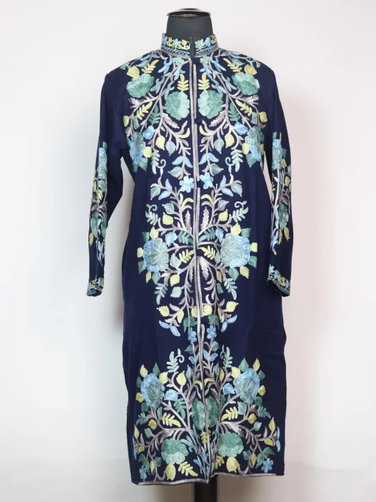Mariam Kashmiri Long Coat In Cashmilon Wool With Aari Work | Navy Blue