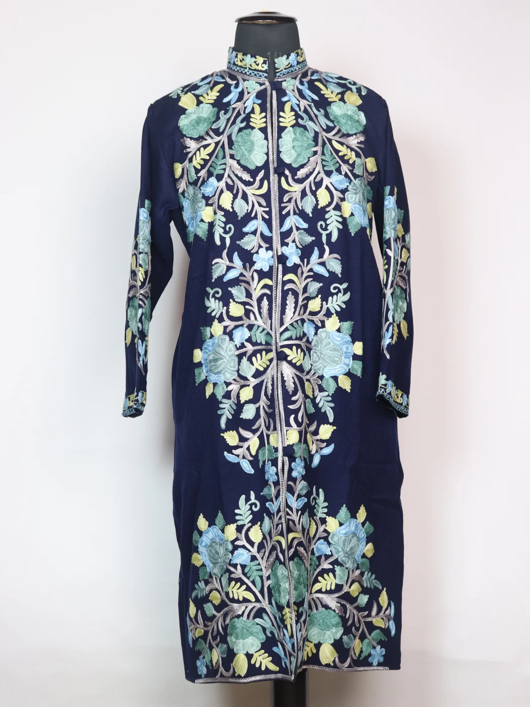 Mariam Kashmiri Long Coat In Cashmilon Wool With Aari Work | Navy Blue