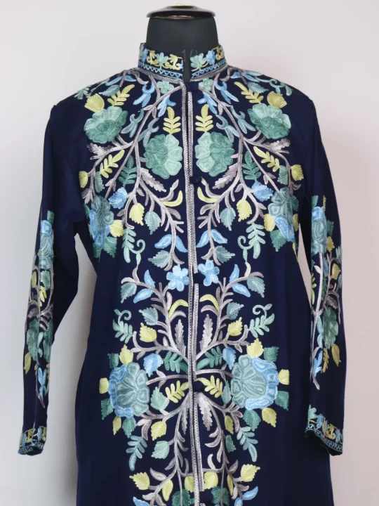 Mariam Kashmiri Long Coat In Cashmilon Wool With Aari Work | Navy Blue - Image 2