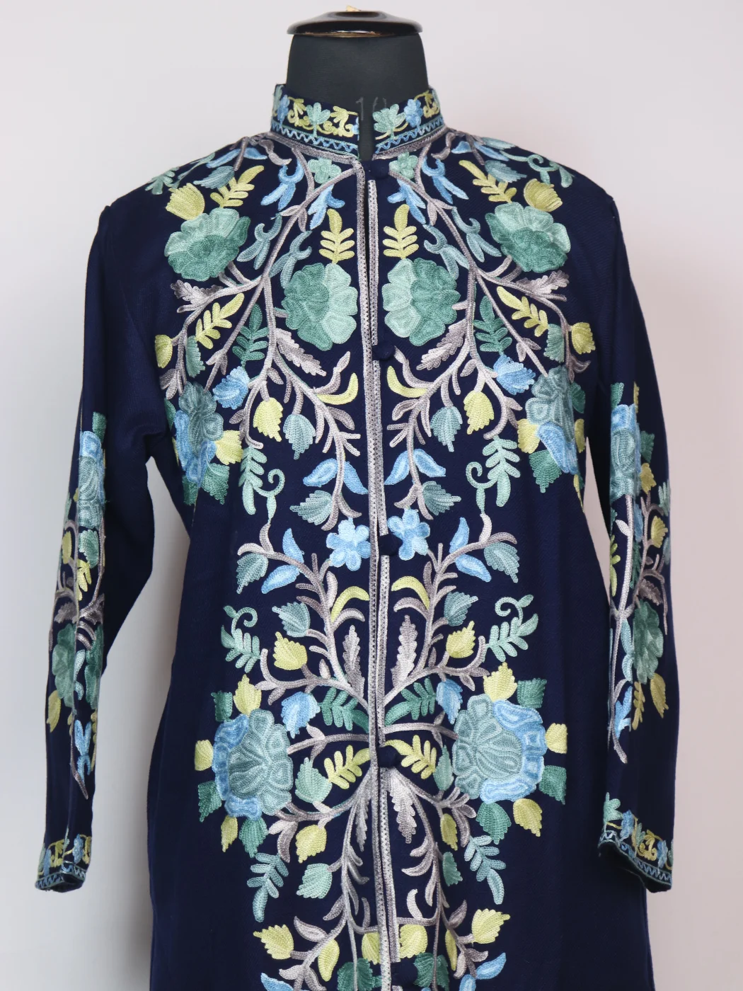 Mariam Kashmiri Long Coat In Cashmilon Wool With Aari Work | Navy Blue - Image 2